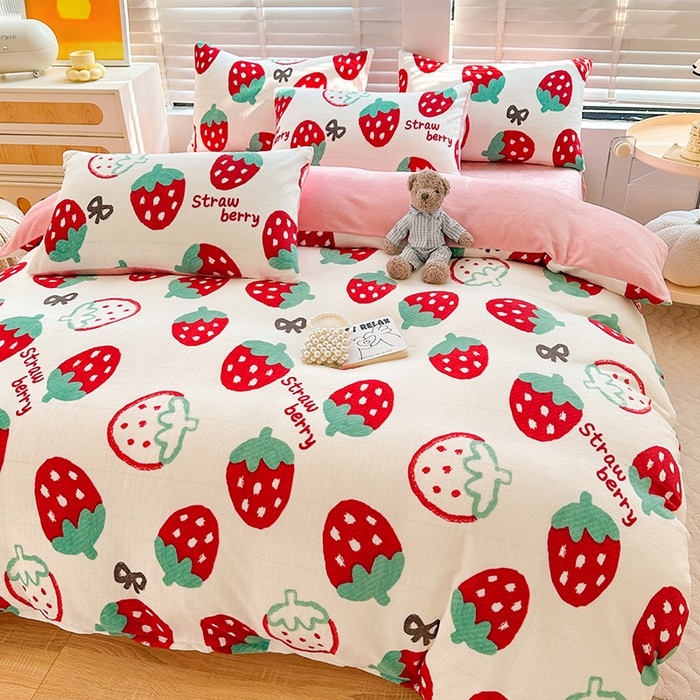 91家纺网 家纺一手货源 找家纺 斯卡诺家纺 2025小清新加厚高克重牛奶绒四件套网红直播爆款 趣味草莓