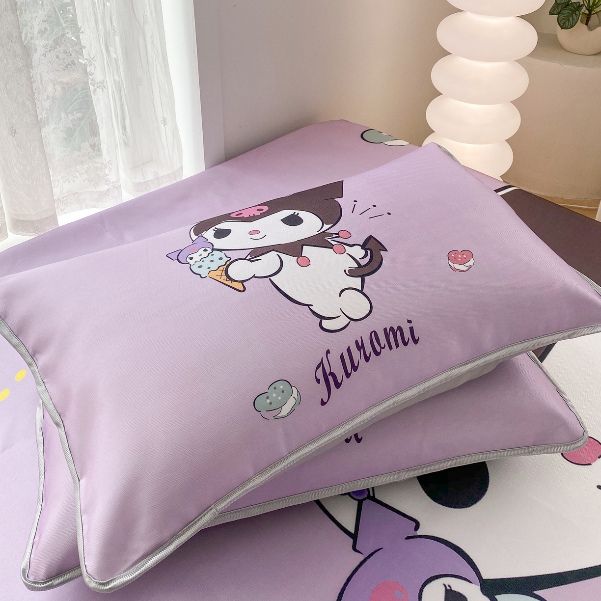 91家纺网 家纺一手货源 找家纺 一电 2025新款夏季卡通冰丝凉席床单床笠可水洗凉席床笠学生宿舍单人裸睡空调席子冰丝席枕套 甜筒库洛米