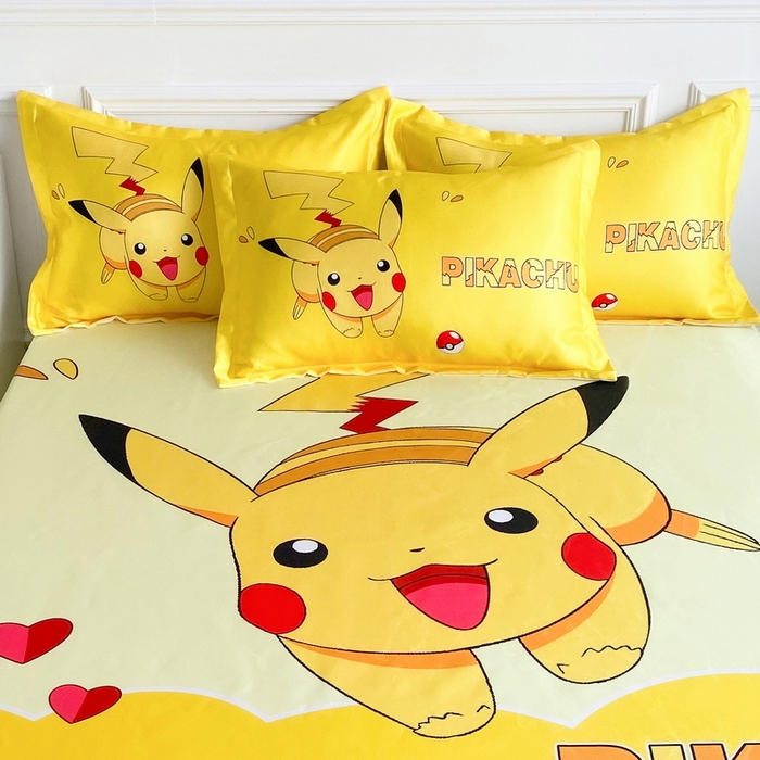 91家纺网 家纺一手货源 找家纺 一电 2025新款夏季卡通冰丝凉席床单床笠可水洗凉席床笠学生宿舍单人裸睡空调席子冰丝席枕套 奔跑皮卡丘