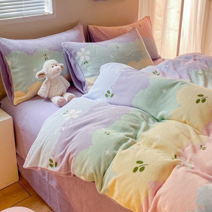 91家纺网 家纺一手货源 找家纺 斯卡诺家纺 2025小清新加厚高克重牛奶绒四件套网红直播爆款 彩虹