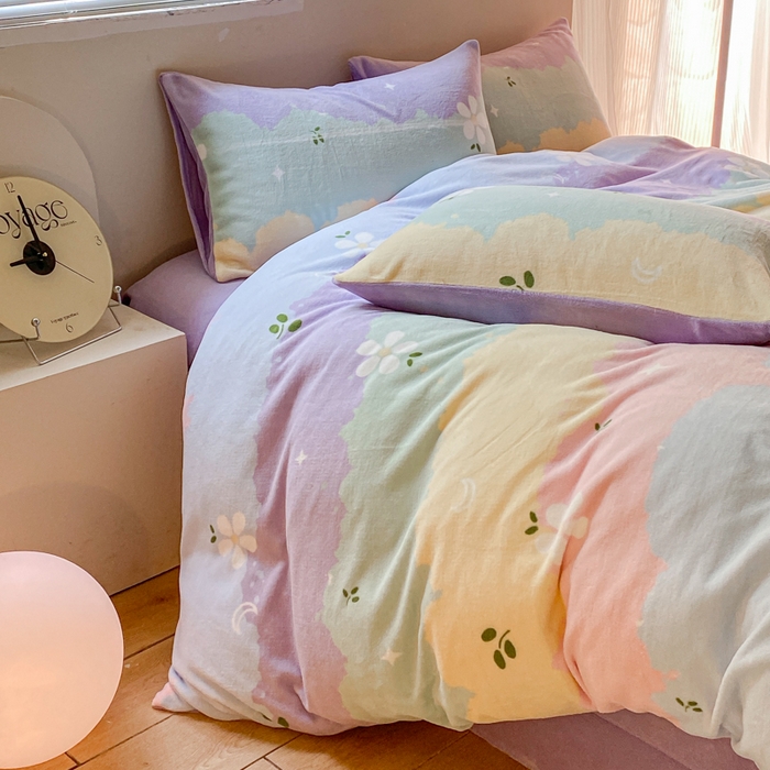 91家纺网 家纺一手货源 找家纺 斯卡诺家纺 2025小清新加厚高克重牛奶绒四件套网红直播爆款 彩虹