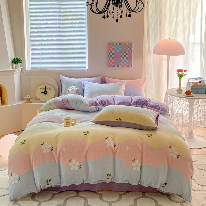 91家纺网 家纺一手货源 找家纺 斯卡诺家纺 2025小清新加厚高克重牛奶绒四件套网红直播爆款 彩虹