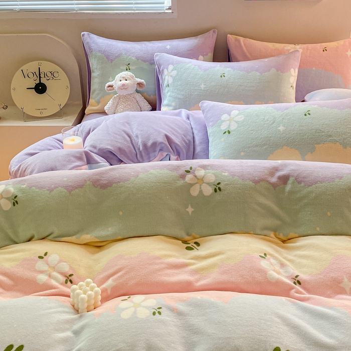 91家纺网 家纺一手货源 找家纺 斯卡诺家纺 2025小清新加厚高克重牛奶绒四件套网红直播爆款 彩虹