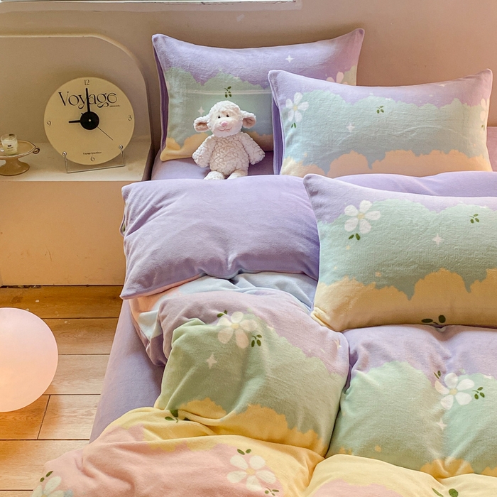 91家纺网 家纺一手货源 找家纺 斯卡诺家纺 2025小清新加厚高克重牛奶绒四件套网红直播爆款 彩虹