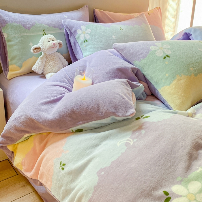 91家纺网 家纺一手货源 找家纺 斯卡诺家纺 2025小清新加厚高克重牛奶绒四件套网红直播爆款 彩虹