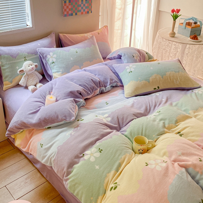 91家纺网 家纺一手货源 找家纺 斯卡诺家纺 2025小清新加厚高克重牛奶绒四件套网红直播爆款 彩虹