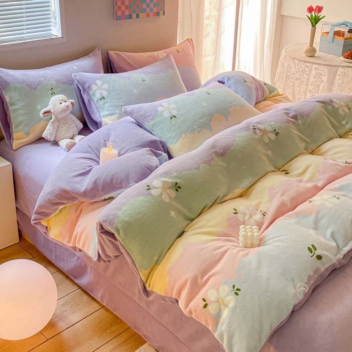 91家纺网 家纺一手货源 找家纺 斯卡诺家纺 2025小清新加厚高克重牛奶绒四件套网红直播爆款 彩虹