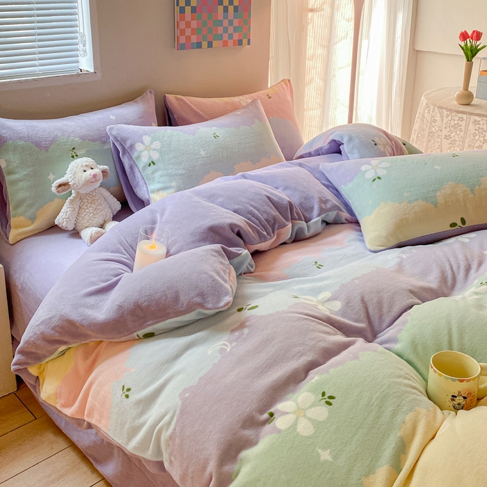 91家纺网 家纺一手货源 找家纺 斯卡诺家纺 2025小清新加厚高克重牛奶绒四件套网红直播爆款 彩虹