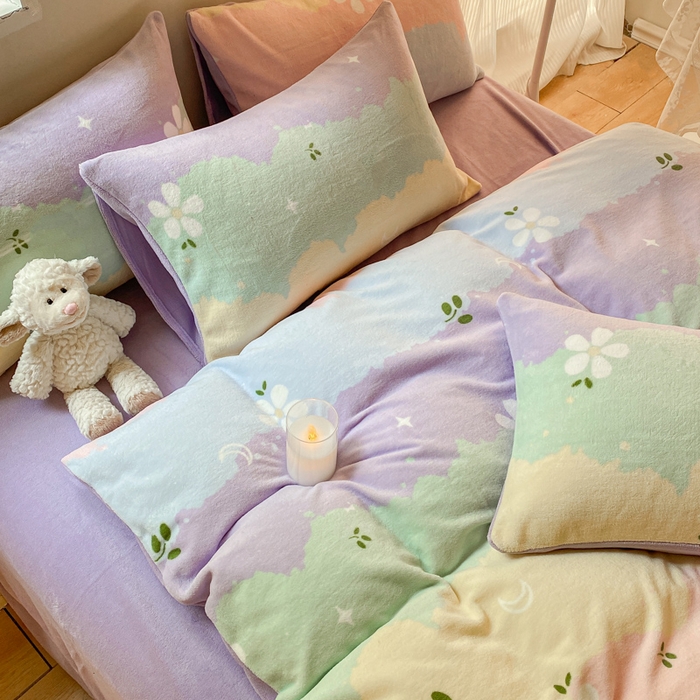 91家纺网 家纺一手货源 找家纺 斯卡诺家纺 2025小清新加厚高克重牛奶绒四件套网红直播爆款 彩虹