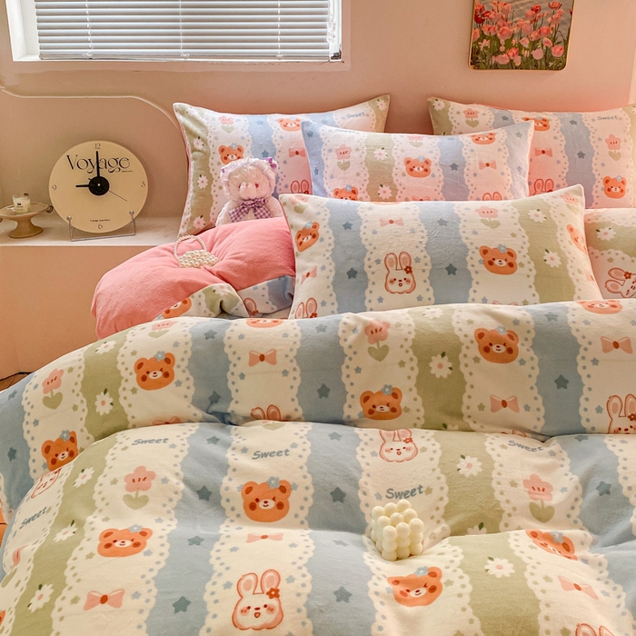 91家纺网 家纺一手货源 找家纺 斯卡诺家纺 2025小清新加厚高克重牛奶绒四件套网红直播爆款 花边动物