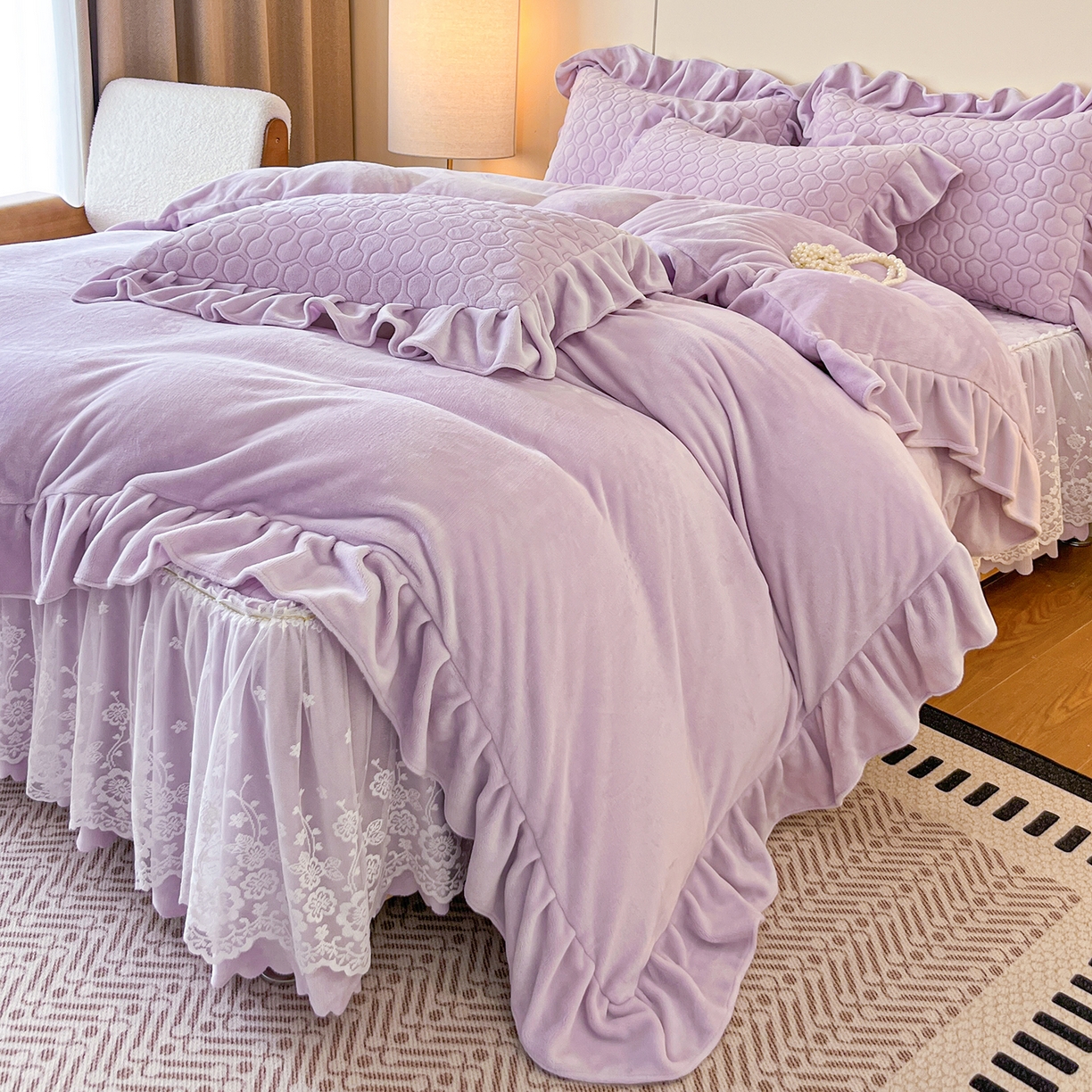 民新家纺 2025新款牛奶绒花边床裙四件套 浪漫时光-浅紫