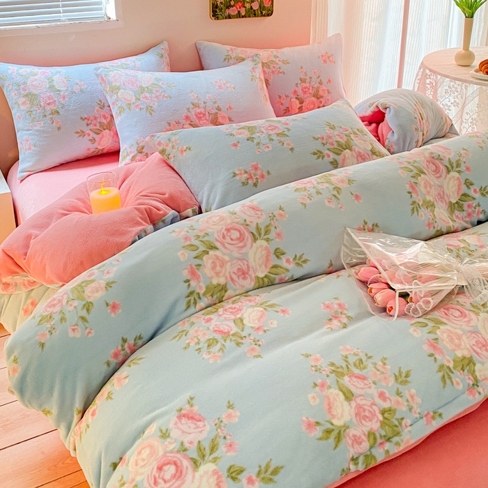 91家纺网 家纺一手货源 找家纺 斯卡诺家纺 2025小清新加厚高克重牛奶绒四件套网红直播爆款 牡丹花