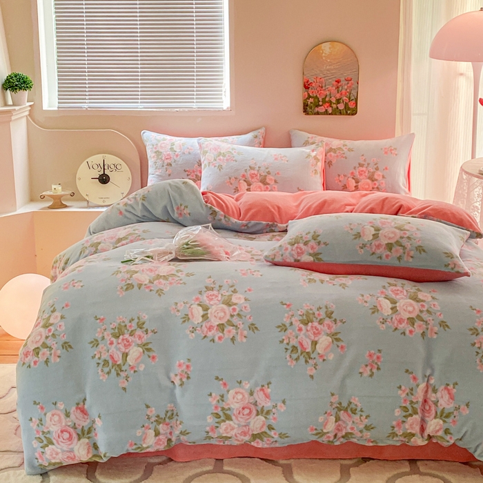 91家纺网 家纺一手货源 找家纺 斯卡诺家纺 2025小清新加厚高克重牛奶绒四件套网红直播爆款 牡丹花