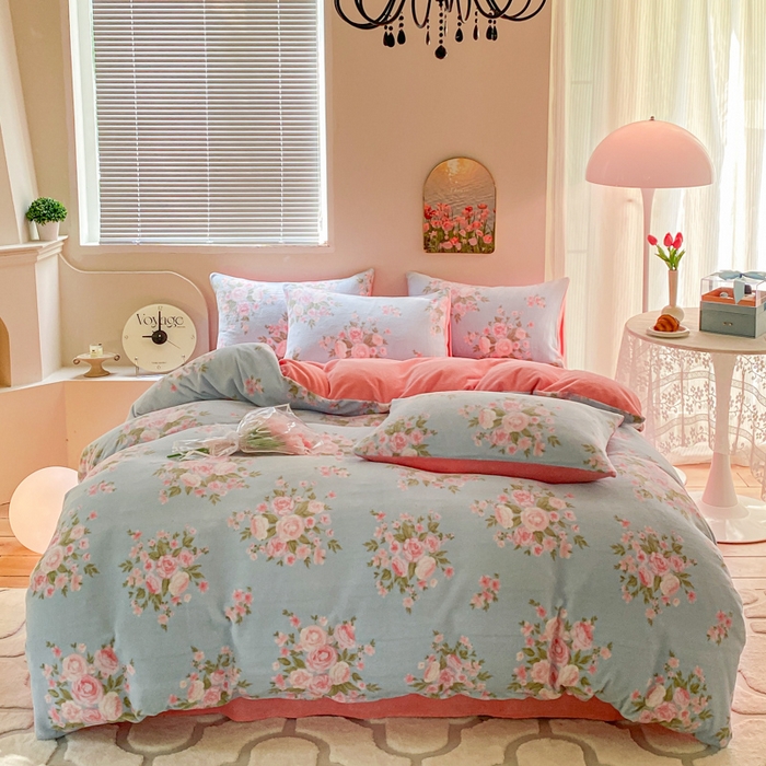 91家纺网 家纺一手货源 找家纺 斯卡诺家纺 2025小清新加厚高克重牛奶绒四件套网红直播爆款 牡丹花