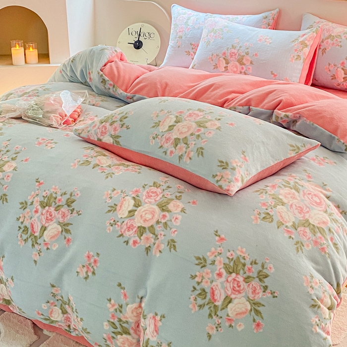 91家纺网 家纺一手货源 找家纺 斯卡诺家纺 2025小清新加厚高克重牛奶绒四件套网红直播爆款 牡丹花