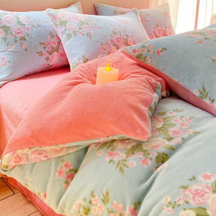 91家纺网 家纺一手货源 找家纺 斯卡诺家纺 2025小清新加厚高克重牛奶绒四件套网红直播爆款 牡丹花