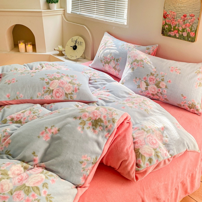 91家纺网 家纺一手货源 找家纺 斯卡诺家纺 2025小清新加厚高克重牛奶绒四件套网红直播爆款 牡丹花