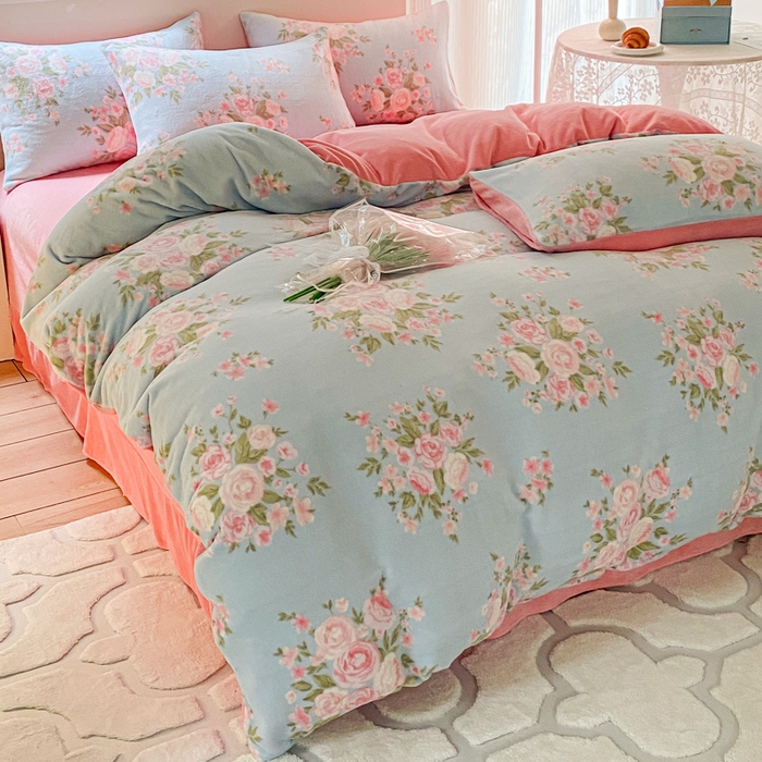 91家纺网 家纺一手货源 找家纺 斯卡诺家纺 2025小清新加厚高克重牛奶绒四件套网红直播爆款 牡丹花