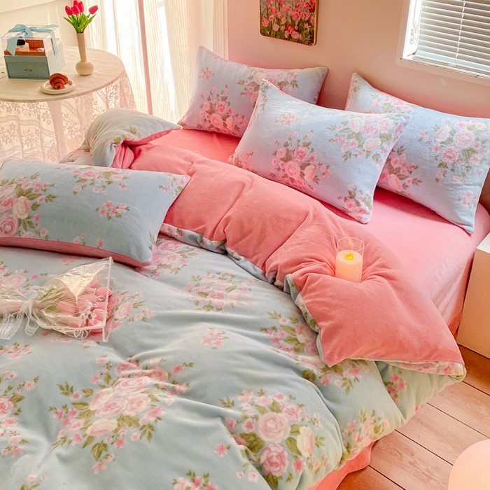 91家纺网 家纺一手货源 找家纺 斯卡诺家纺 2025小清新加厚高克重牛奶绒四件套网红直播爆款 牡丹花