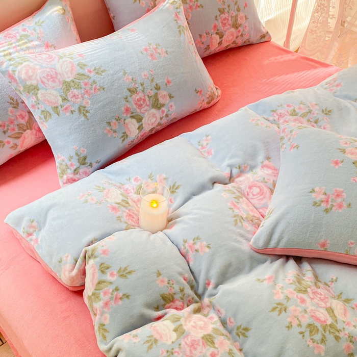 91家纺网 家纺一手货源 找家纺 斯卡诺家纺 2025小清新加厚高克重牛奶绒四件套网红直播爆款 牡丹花