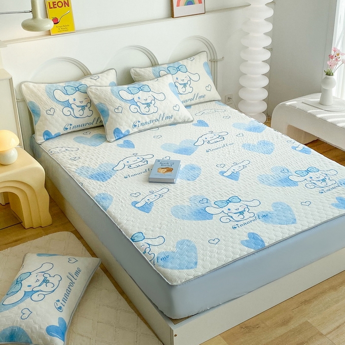 91家纺网 家纺一手货源 找家纺 一电 2025新款牛奶丝凉席床笠可水洗凉感丝凉席学生宿舍单人裸睡空调席-系列一 爱心玉桂狗