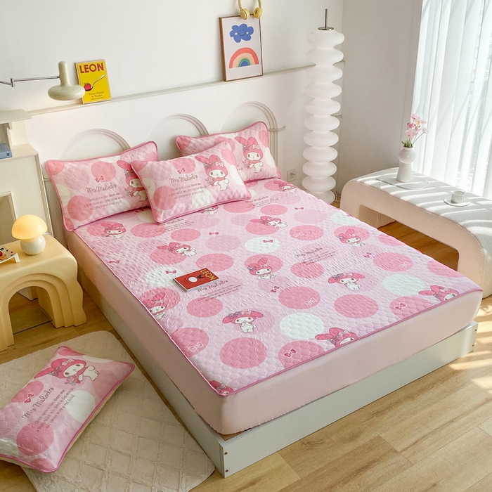 91家纺网 家纺一手货源 找家纺 一电 2025新款牛奶丝凉席床笠可水洗凉感丝凉席学生宿舍单人裸睡空调席-系列一 圈圈美乐蒂