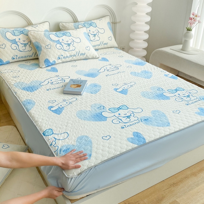 91家纺网 家纺一手货源 找家纺 一电 2025新款牛奶丝凉席床笠可水洗凉感丝凉席学生宿舍单人裸睡空调席-系列一 爱心玉桂狗