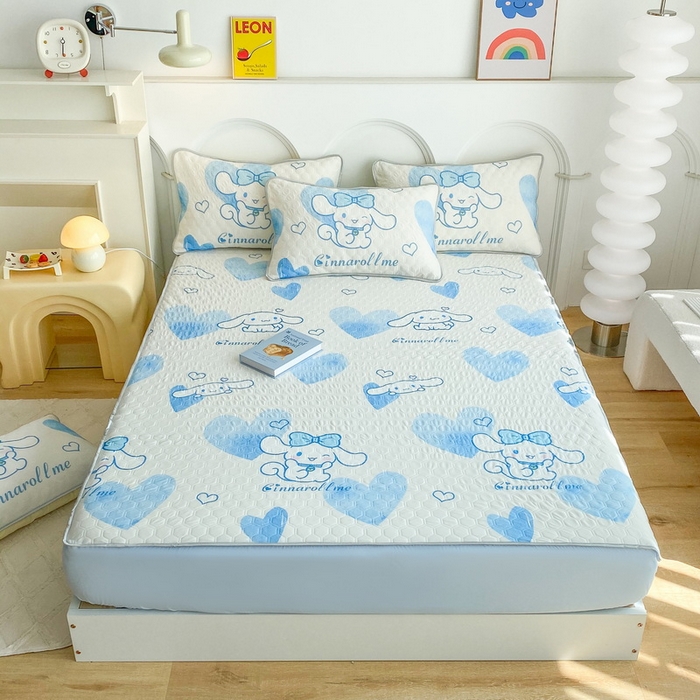 91家纺网 家纺一手货源 找家纺 一电 2025新款牛奶丝凉席床笠可水洗凉感丝凉席学生宿舍单人裸睡空调席-系列一 爱心玉桂狗