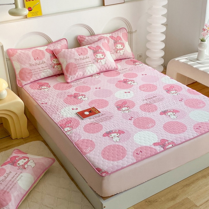 91家纺网 家纺一手货源 找家纺 一电 2025新款牛奶丝凉席床笠可水洗凉感丝凉席学生宿舍单人裸睡空调席-系列一 圈圈美乐蒂