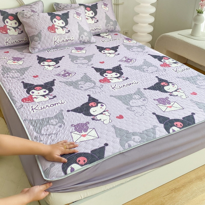 91家纺网 家纺一手货源 找家纺 一电 2025新款牛奶丝凉席床笠可水洗凉感丝凉席学生宿舍单人裸睡空调席-系列一 爱心库洛米