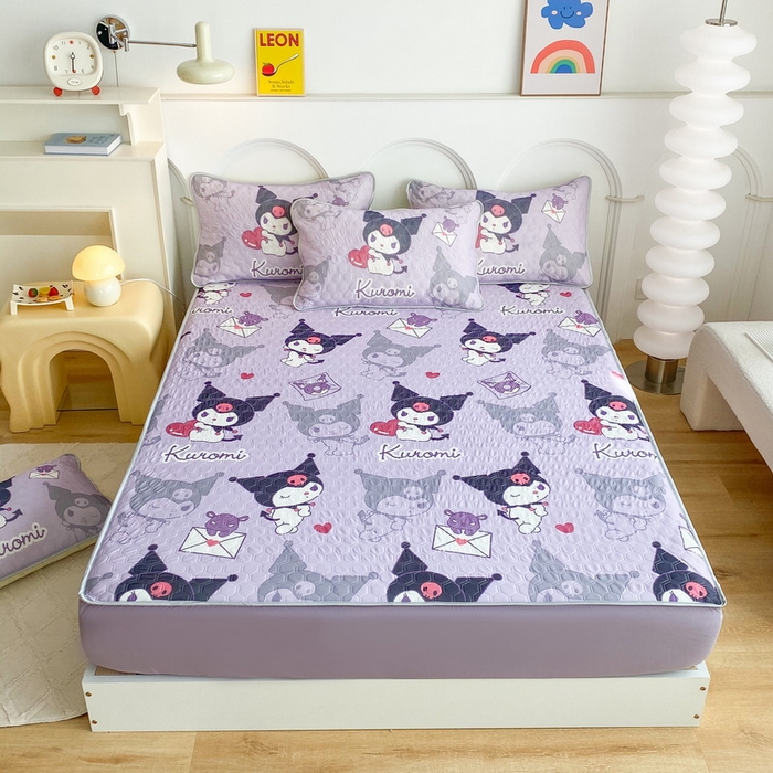 91家纺网 家纺一手货源 找家纺 一电 2025新款牛奶丝凉席床笠可水洗凉感丝凉席学生宿舍单人裸睡空调席-系列一 爱心库洛米