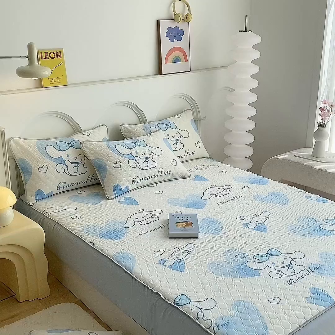 91家纺网 家纺一手货源 找家纺 一电 2025新款牛奶丝凉席床笠可水洗凉感丝凉席学生宿舍单人裸睡空调席-系列一 爱心玉桂狗