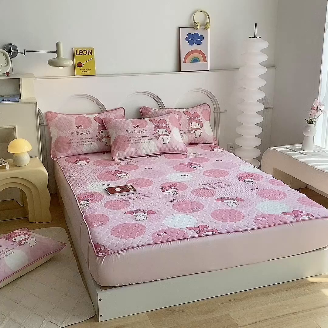 91家纺网 家纺一手货源 找家纺 一电 2025新款牛奶丝凉席床笠可水洗凉感丝凉席学生宿舍单人裸睡空调席-系列一 圈圈美乐蒂