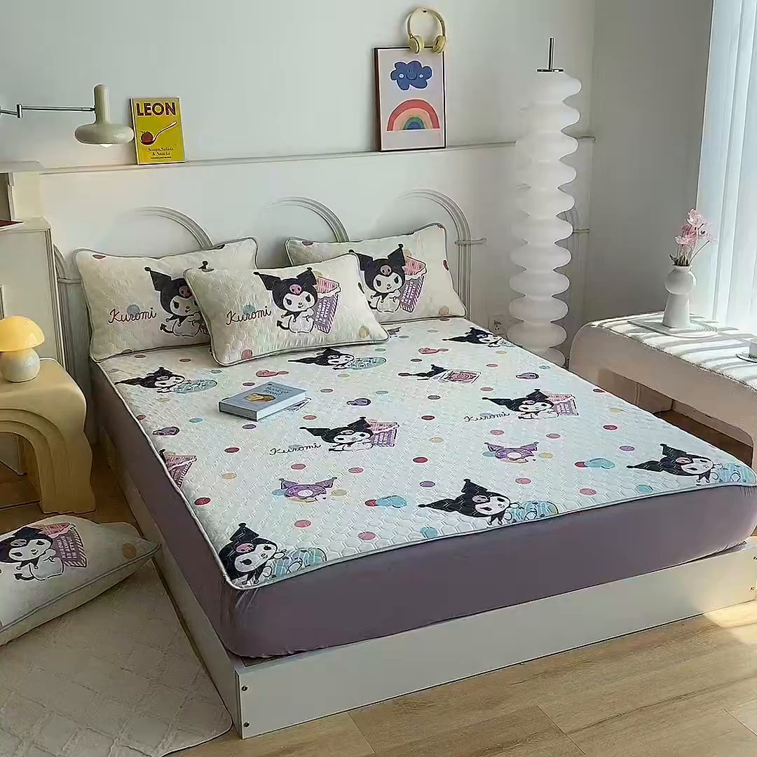 91家纺网 家纺一手货源 找家纺 一电 2025新款牛奶丝凉席床笠可水洗凉感丝凉席学生宿舍单人裸睡空调席-系列一 波点库洛米