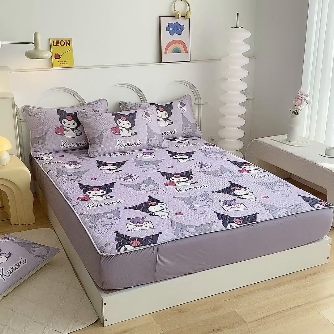 91家纺网 家纺一手货源 找家纺 一电 2025新款牛奶丝凉席床笠可水洗凉感丝凉席学生宿舍单人裸睡空调席-系列一 爱心库洛米