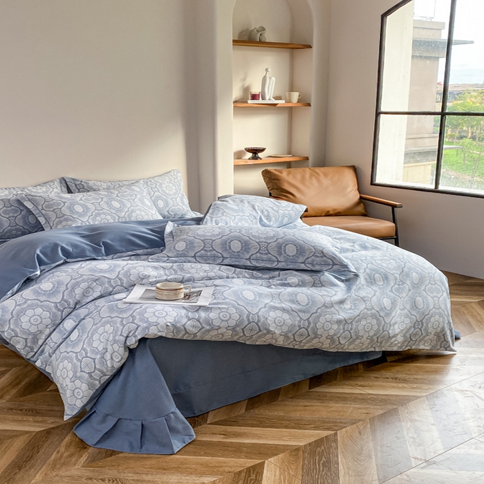 91家纺网 家纺一手货源 找家纺 大吉 2025新款加厚活性喷气磨毛棉四件套被套床单床笠学生单人三件套 艾尔-蓝