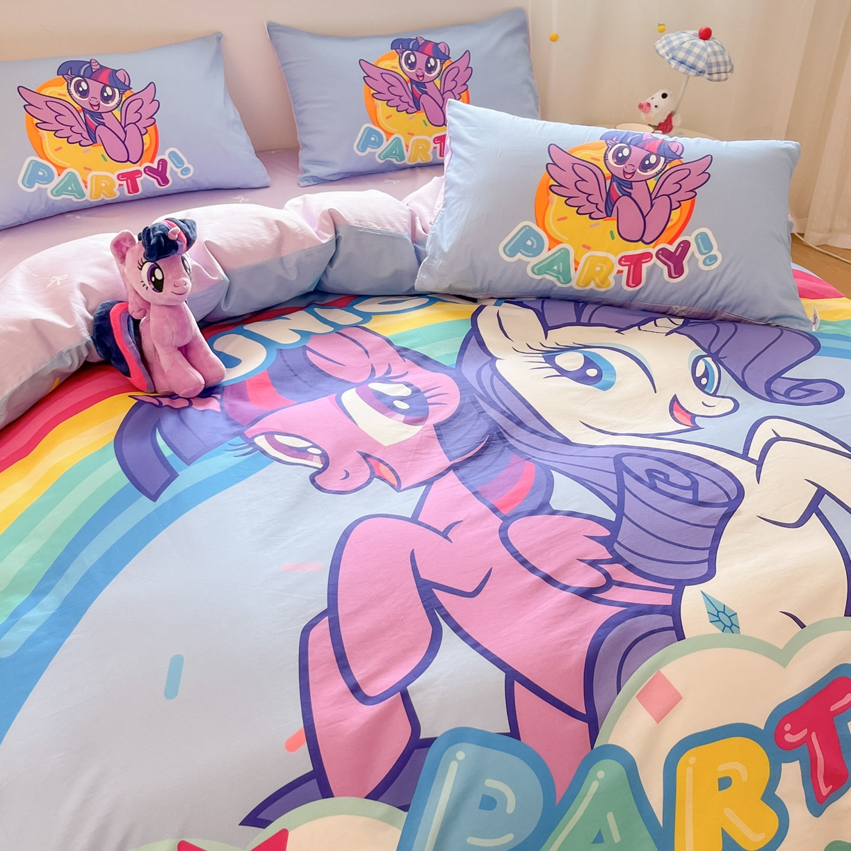 91家纺网 家纺一手货源 找家纺 金爱家 2025新款纯棉大版数码印花系列四件套-小马宝莉 纯棉大版-派对时刻