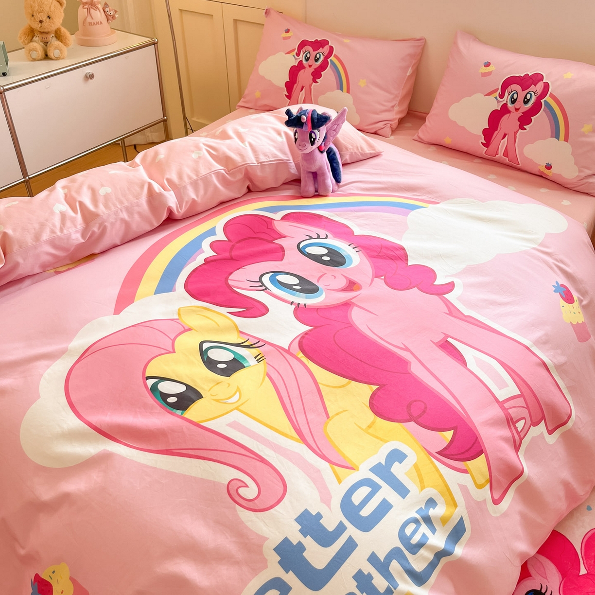 91家纺网 家纺一手货源 找家纺 金爱家 2025新款纯棉大版数码印花系列四件套-小马宝莉 纯棉大版-彩虹好朋友