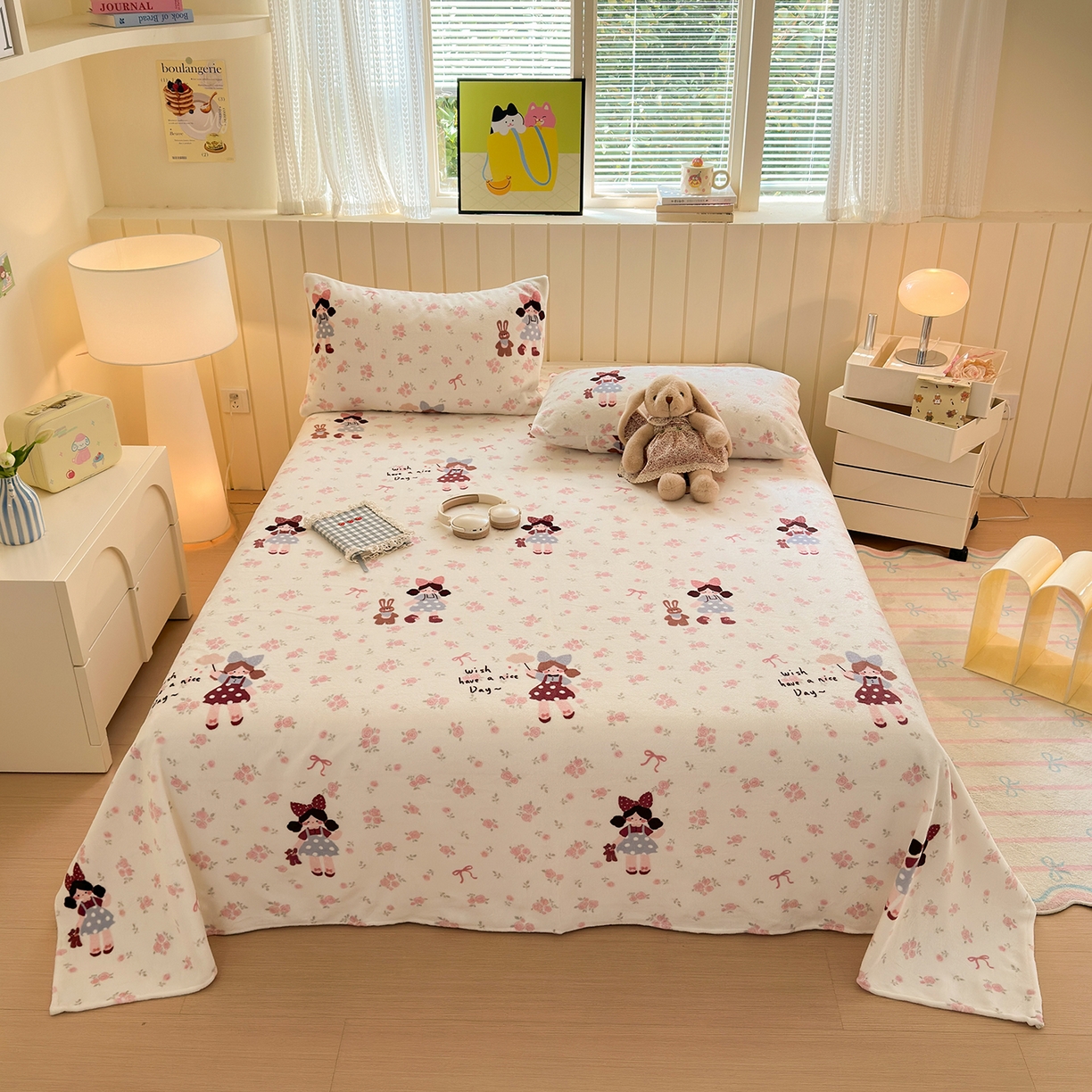 91家纺网 家纺一手货源 找家纺 丽美人家纺 2025新款小版印花牛奶绒床单单床单床单单件 玫瑰女孩