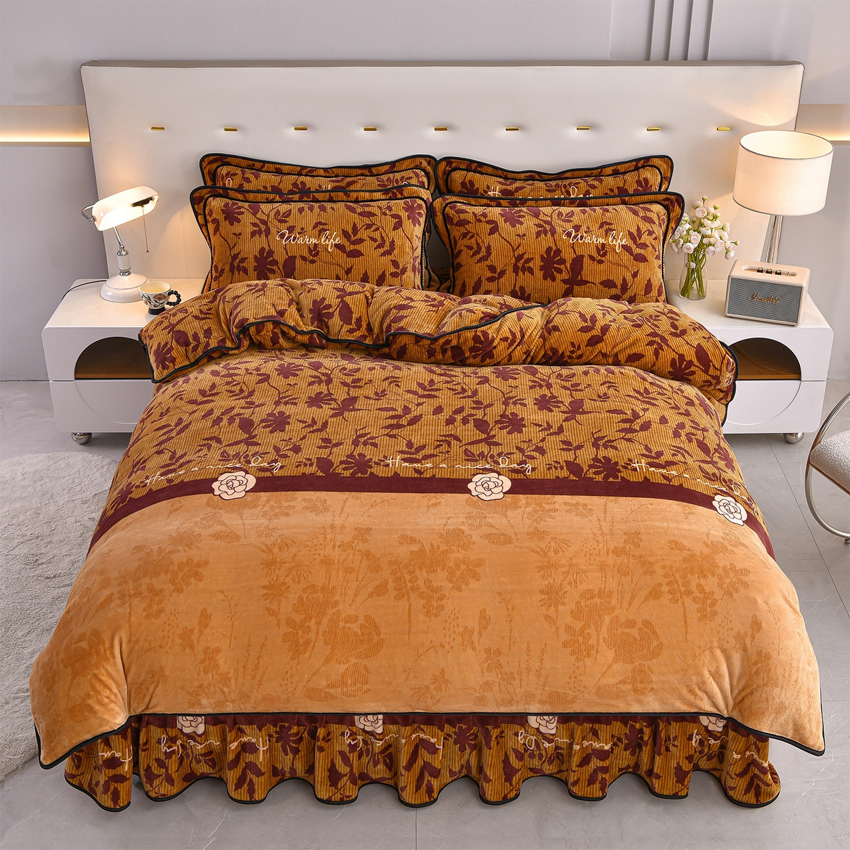 91家纺网 家纺一手货源 找家纺 赛丽雅 2025新款牛奶绒床裙四件套8-9斤法莱绒直播爆款日产2万套 晚棠