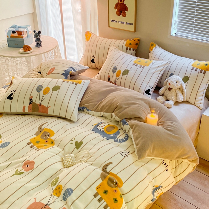 91家纺网 家纺一手货源 找家纺 斯卡诺家纺 2025小清新加厚高克重牛奶绒四件套网红直播爆款 气球小象