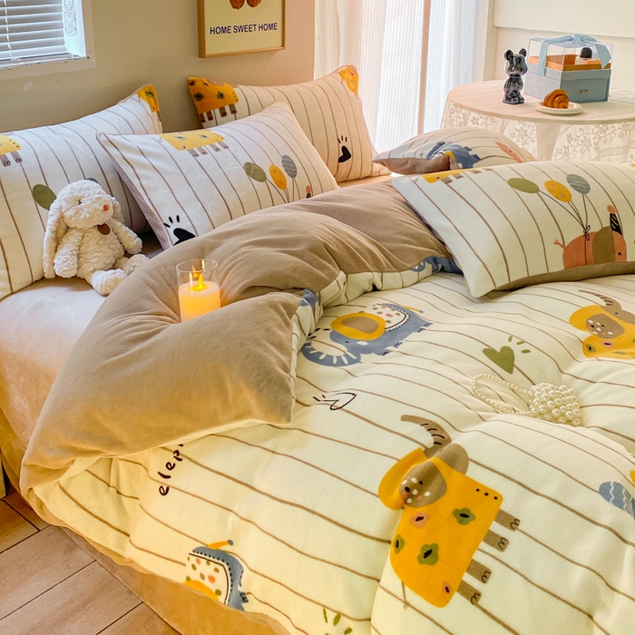 91家纺网 家纺一手货源 找家纺 斯卡诺家纺 2025小清新加厚高克重牛奶绒四件套网红直播爆款 气球小象