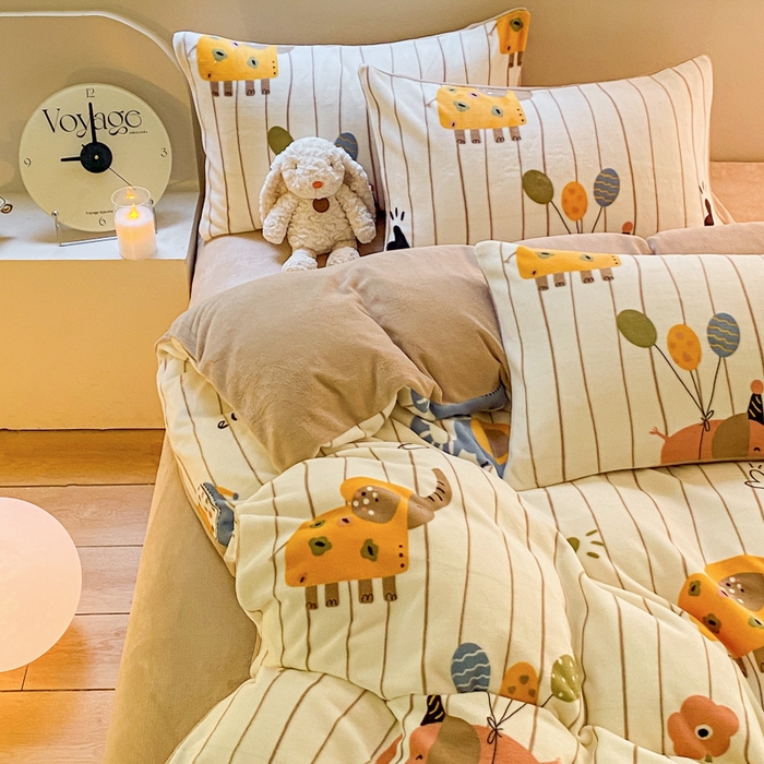 91家纺网 家纺一手货源 找家纺 斯卡诺家纺 2025小清新加厚高克重牛奶绒四件套网红直播爆款 气球小象