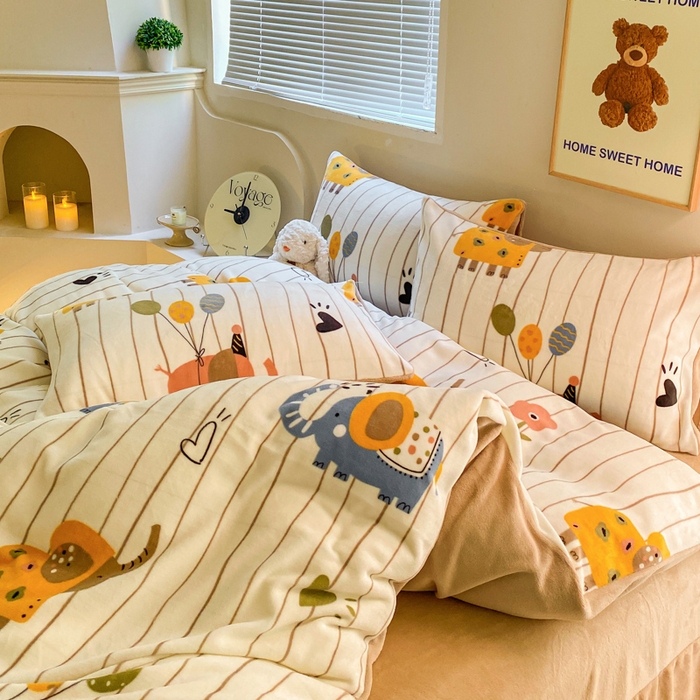 91家纺网 家纺一手货源 找家纺 斯卡诺家纺 2025小清新加厚高克重牛奶绒四件套网红直播爆款 气球小象