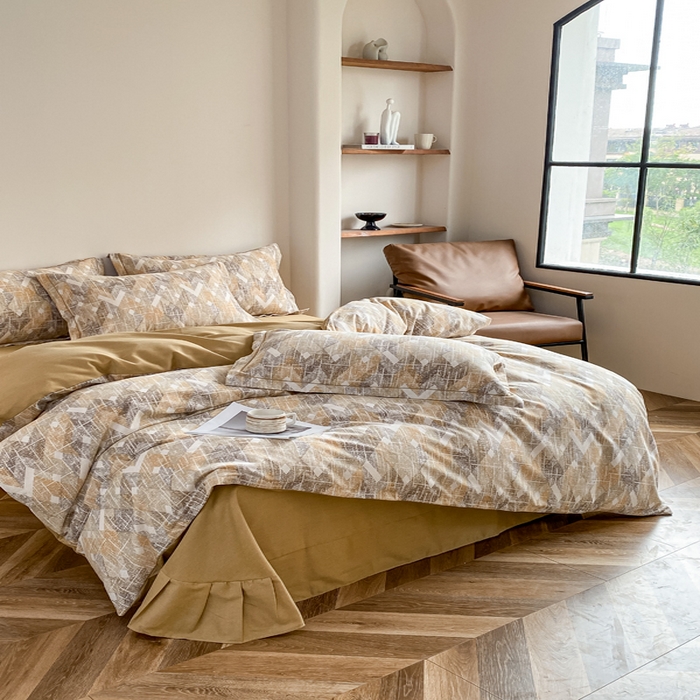 91家纺网 家纺一手货源 找家纺 大吉 2025新款加厚活性喷气磨毛棉四件套被套床单床笠学生单人三件套 光影之间-咖