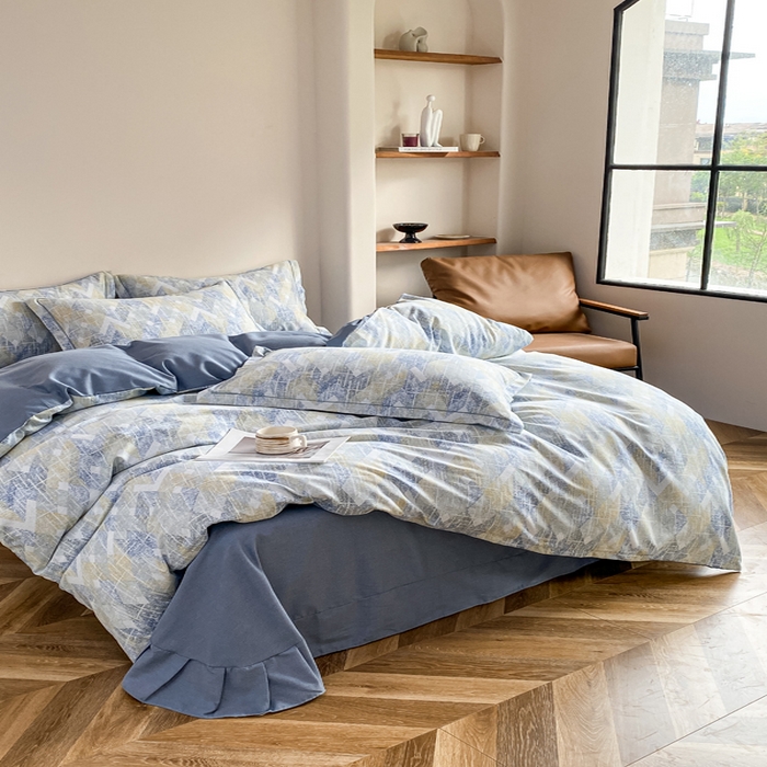 91家纺网 家纺一手货源 找家纺 大吉 2025新款加厚活性喷气磨毛棉四件套被套床单床笠学生单人三件套 光影之间-蓝