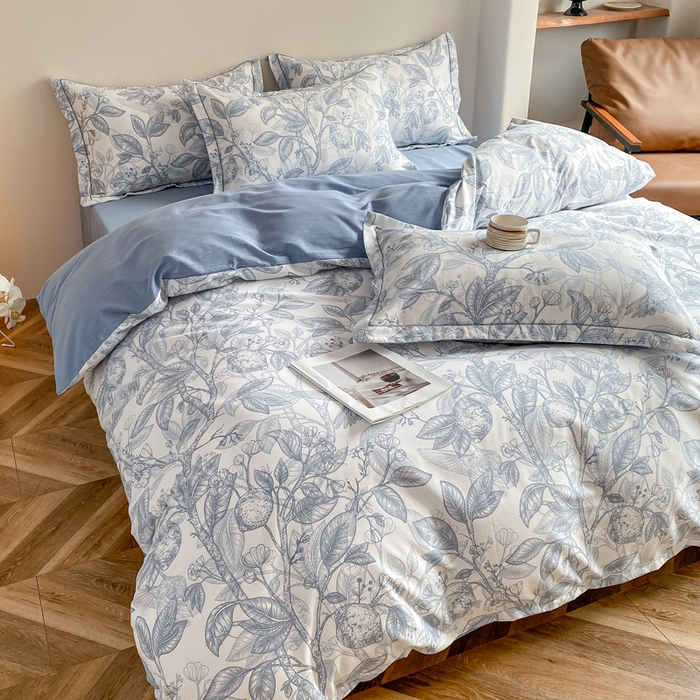 91家纺网 家纺一手货源 找家纺 大吉 2025新款加厚活性喷气磨毛棉四件套被套床单床笠学生单人三件套 柠檬树（拍摄2）