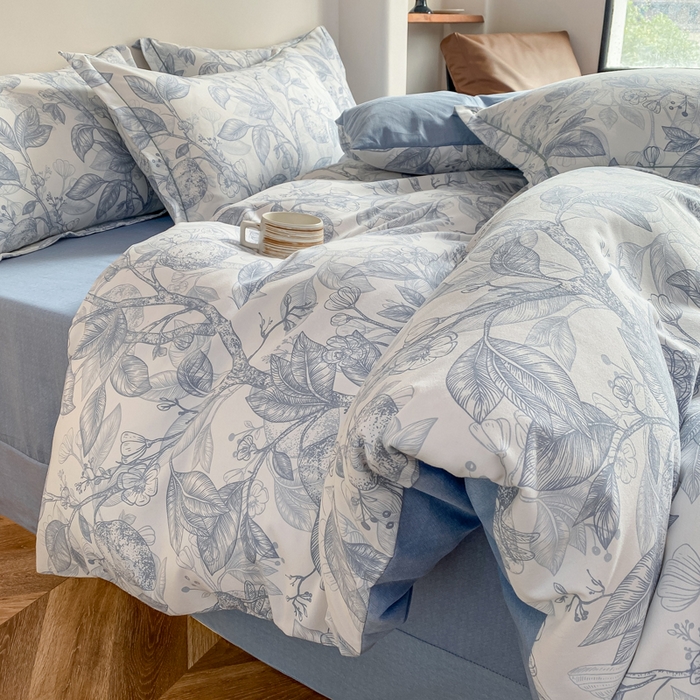 91家纺网 家纺一手货源 找家纺 大吉 2025新款加厚活性喷气磨毛棉四件套被套床单床笠学生单人三件套 柠檬树（拍摄2）