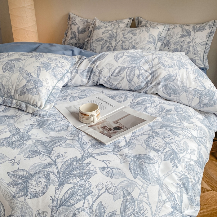 91家纺网 家纺一手货源 找家纺 大吉 2025新款加厚活性喷气磨毛棉四件套被套床单床笠学生单人三件套 柠檬树（拍摄2）