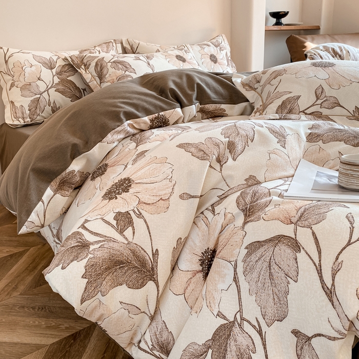 91家纺网 家纺一手货源 找家纺 大吉 2025新款加厚活性喷气磨毛棉四件套被套床单床笠学生单人三件套 烟雨江南-咖